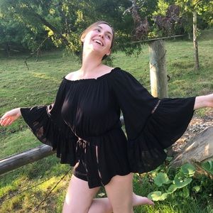 Elan Black Off Shoulder Romper Bell Sleeves Medium